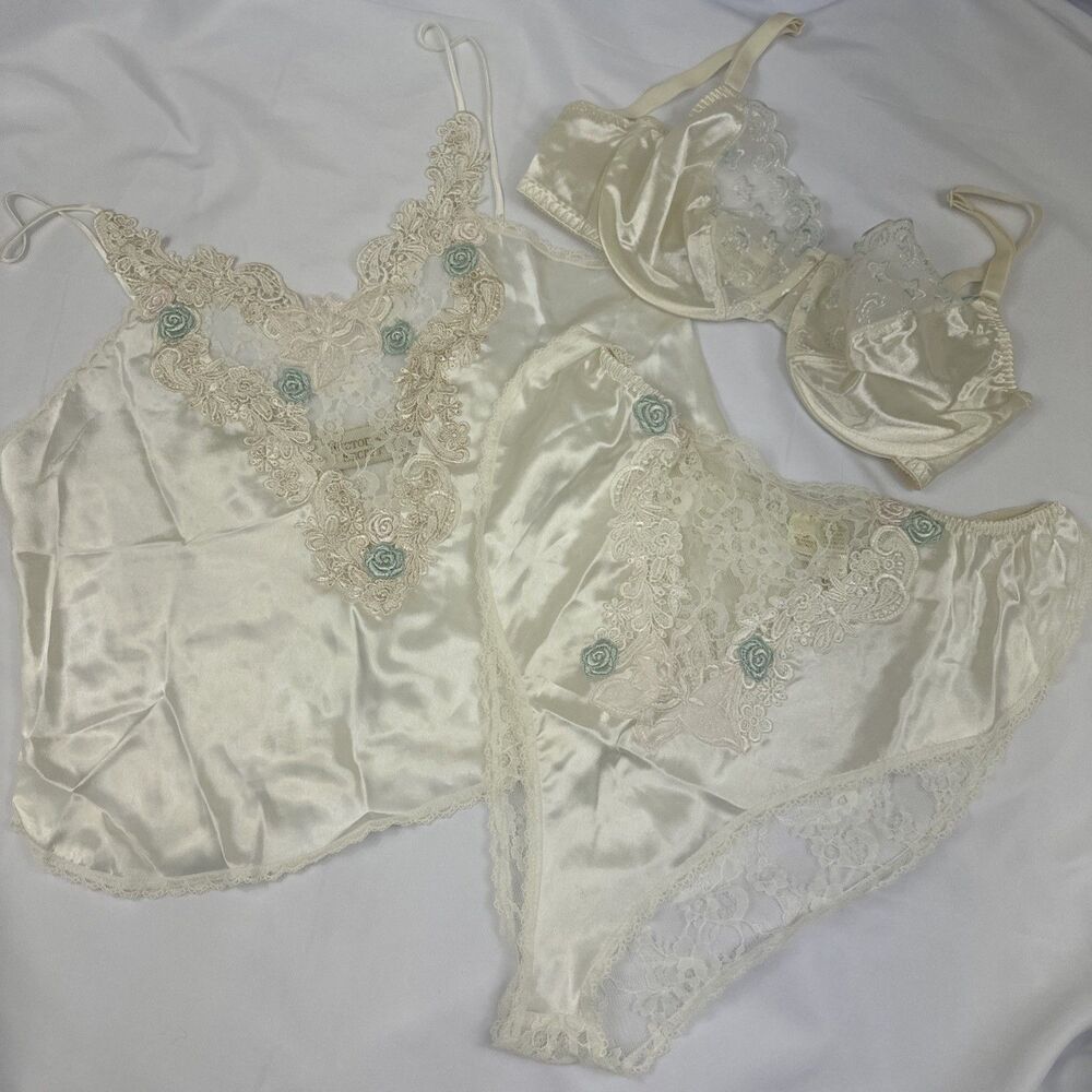 vtg Victoria's secret lingerie 80s gold label Ivory Satin 3pc Set Rosette  L/38C